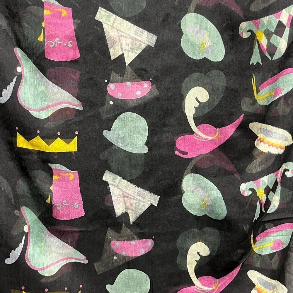 Vintage Black Scarf with Colorful Hat Print - 20” x 72”